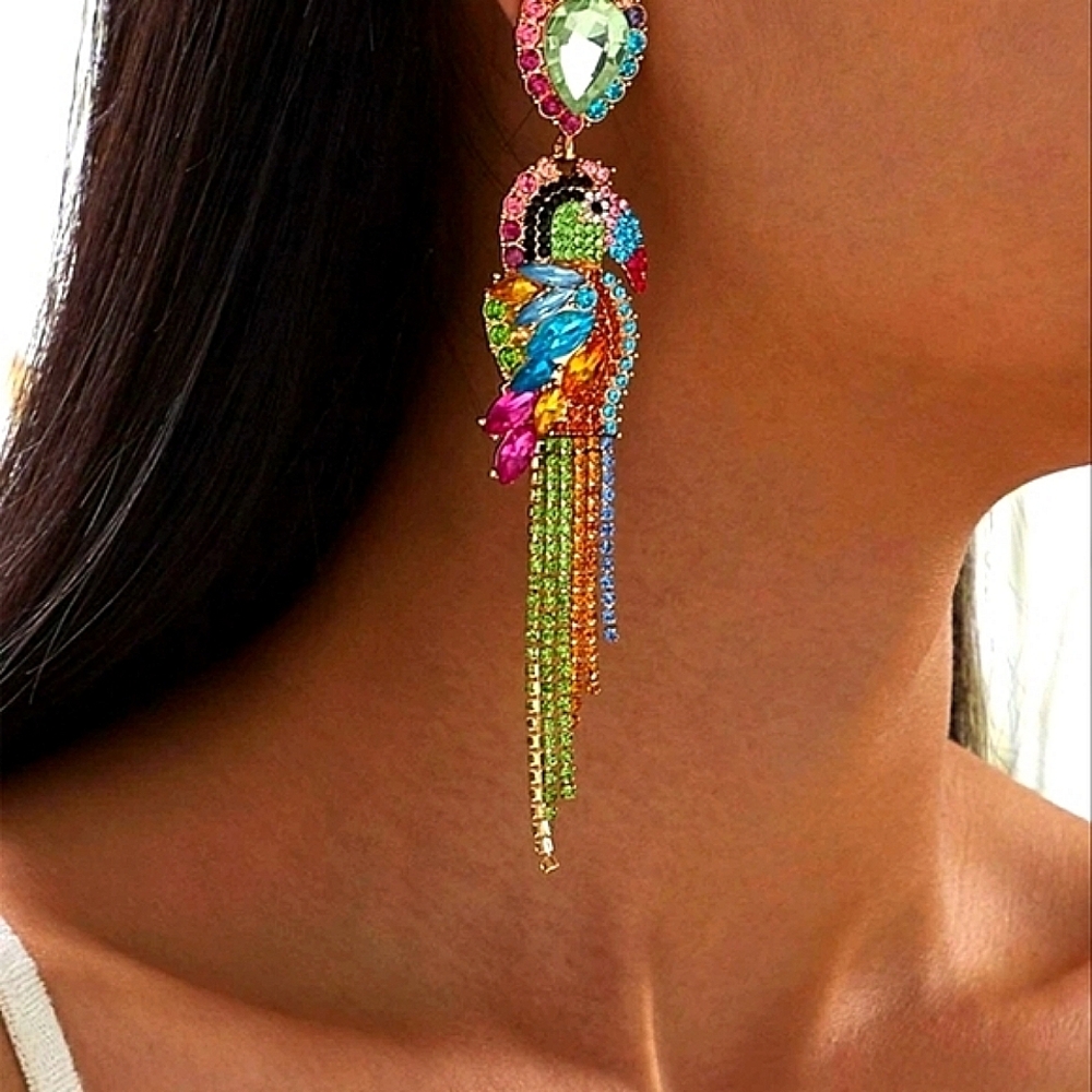 New glamorous colorful parrot bird earrings, multi-colour - Picture 3 of 7